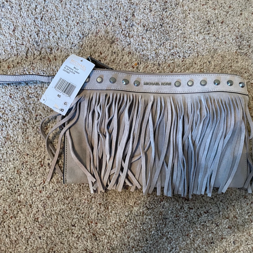 MICHAEL Michael Kors Billy Light Gray Fringe Clutch